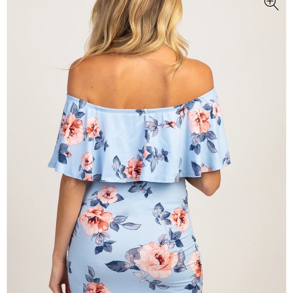 Light Blue Rose Print Ruffle Fitted Maternity Dress - Picture 3 of 4